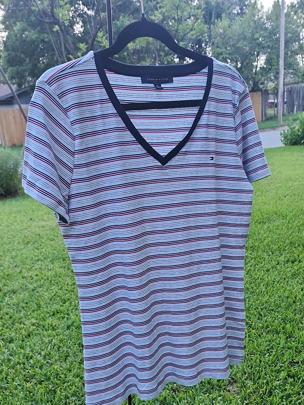 Tommy Hilfiger Woman's White V-Neck Stripe Tee with Navy Trim